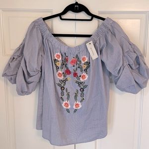 Francesca’s Off Shoulder Ruched Puffy Sleeve Embroidered Top, Size L, NWT